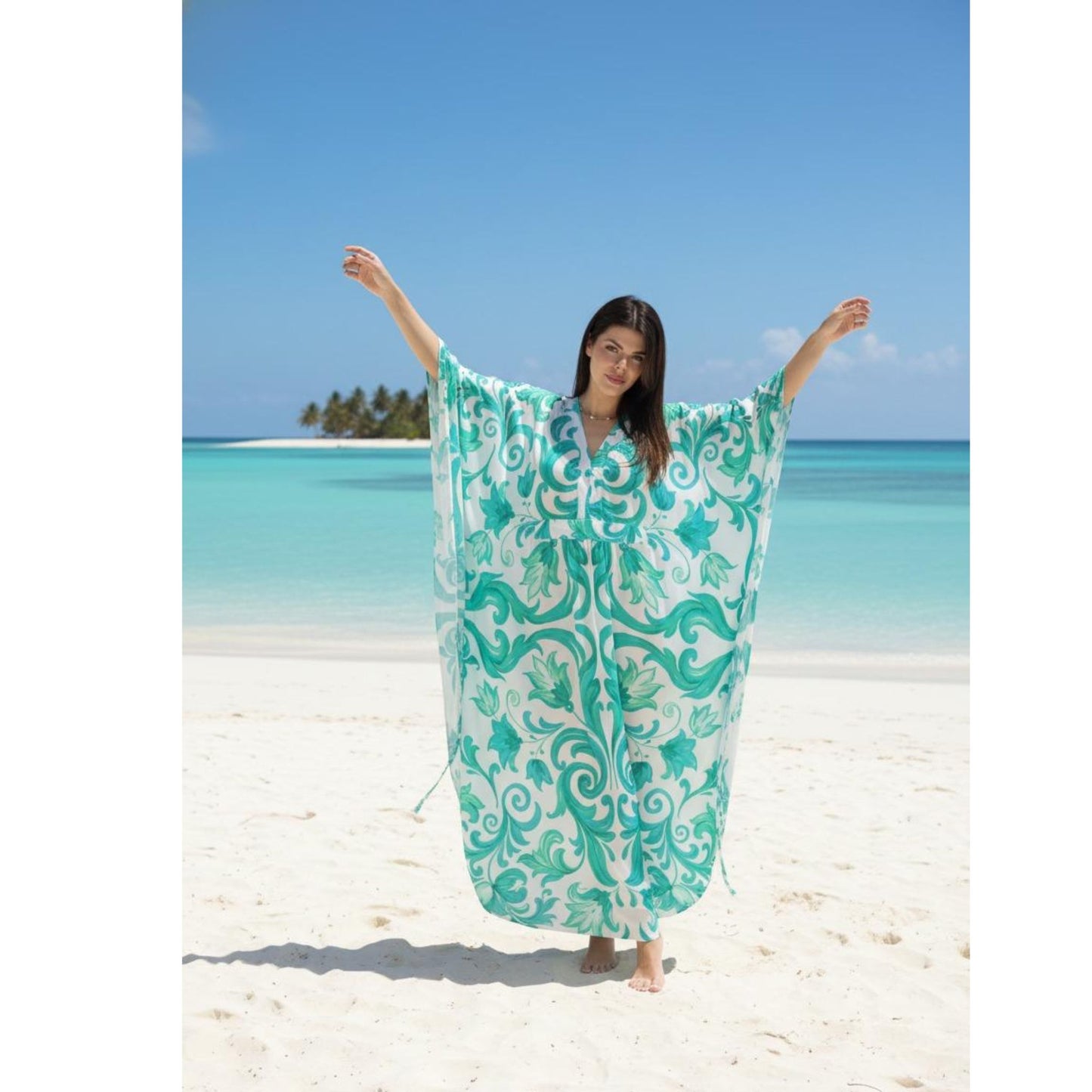 Vestido  kaftan Chifon toque de Seda de  Bixugrillo estampado Moldura azul