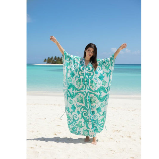 Vestido  kaftan Chifon toque de Seda de  Bixugrillo estampado Moldura azul