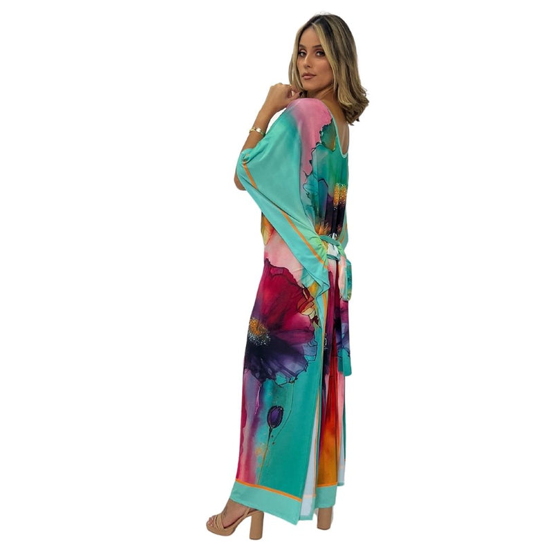 Kaftan vestido longo malha Bixugrillo estampa Aquqarela Duo