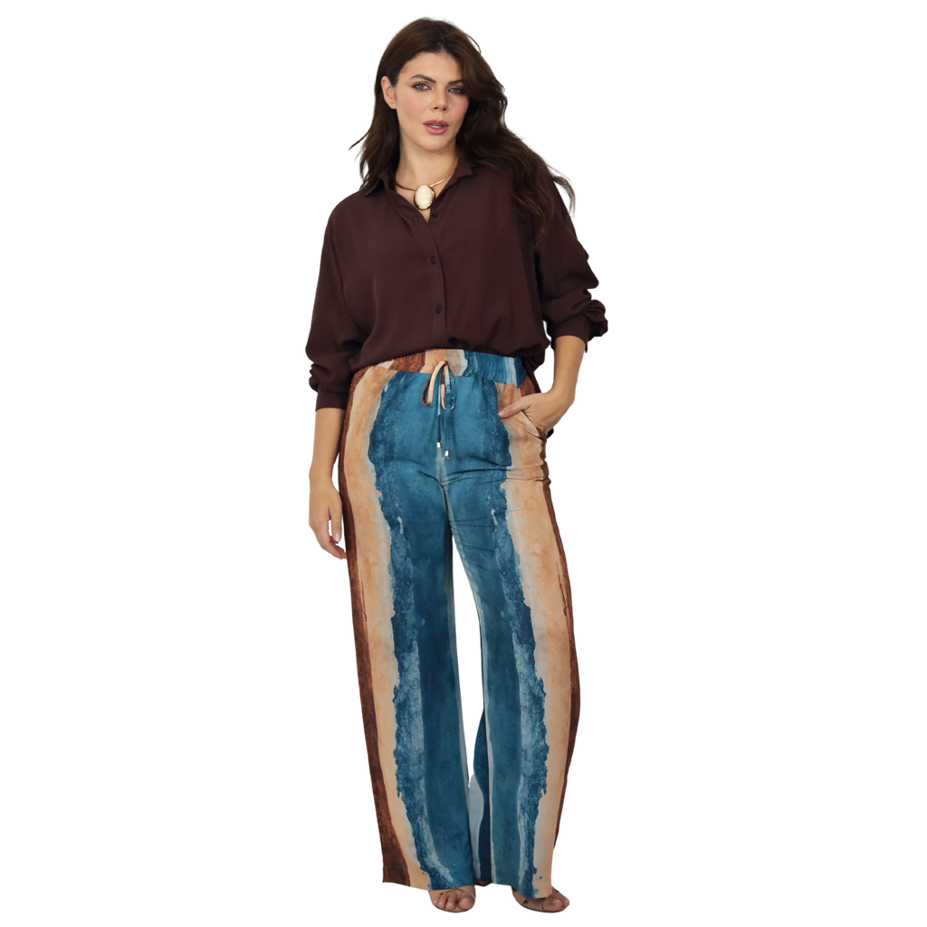 Conjunto 2pçs Camisão marron e Pantalona BIXUGRILLO estampado listras aquareladas