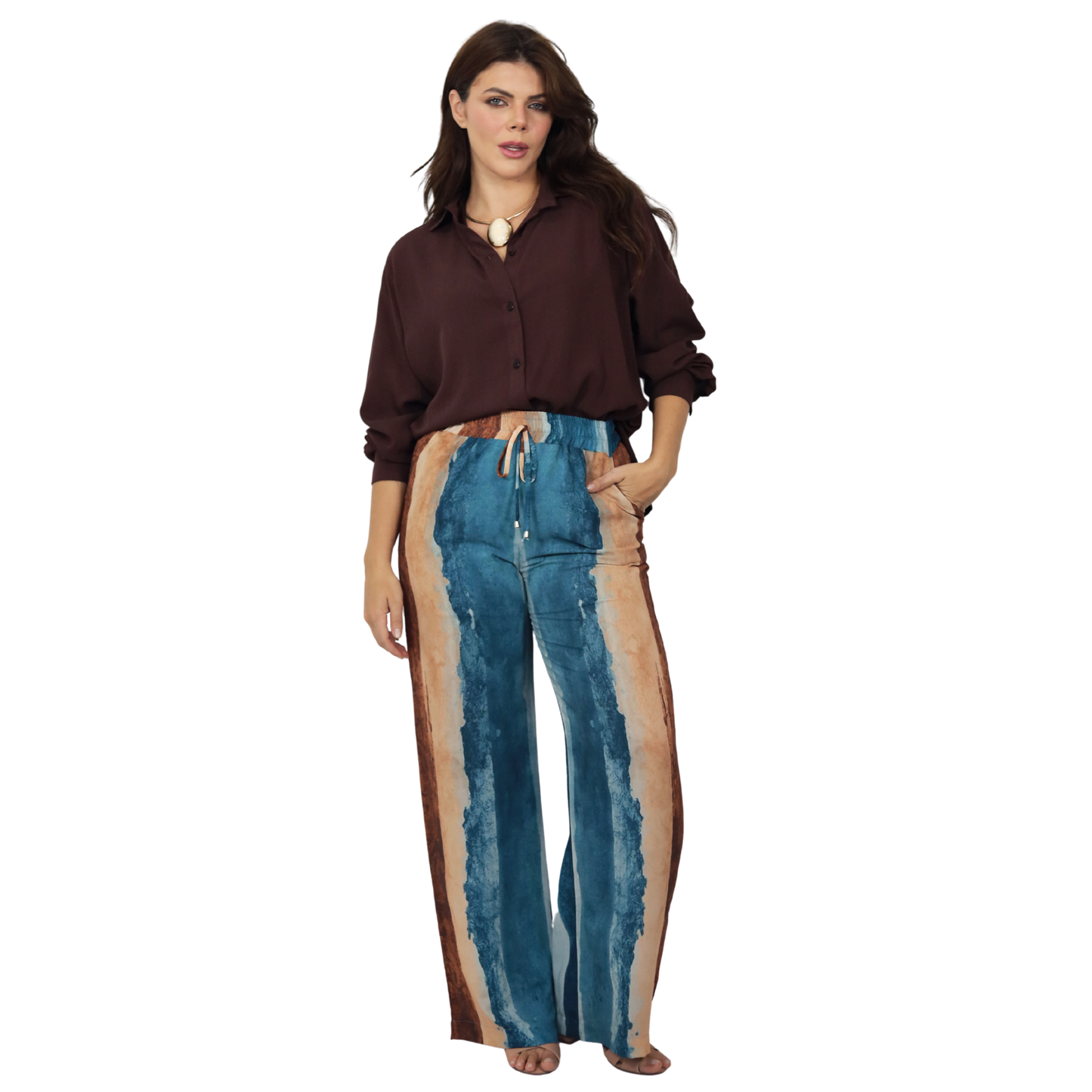 Conjunto 2pçs Camisão marron e Pantalona BIXUGRILLO estampado listras aquareladas