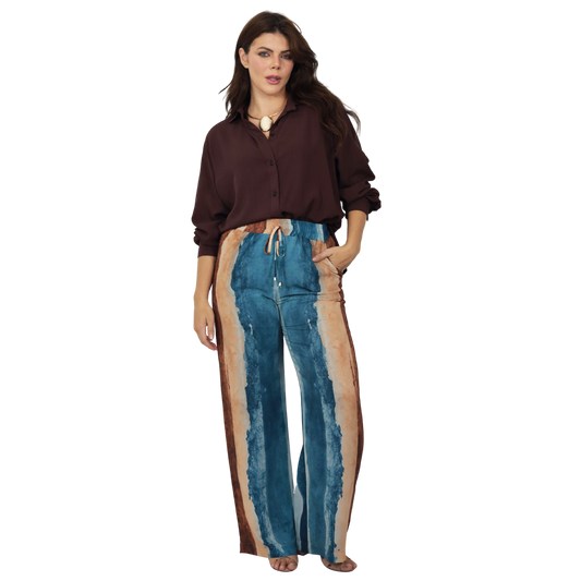 Conjunto 2pçs Camisão marron e Pantalona BIXUGRILLO estampado listras aquareladas