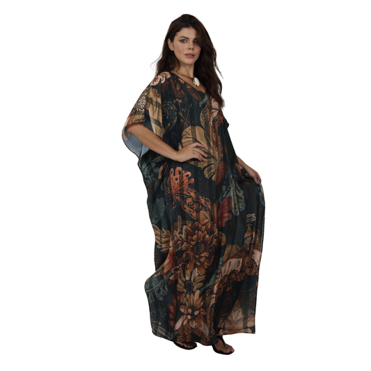 Kaftan Longa Feminina em GGT Toque de Seda | Estampa Exclusiva BIX.G |  Selva Imperial