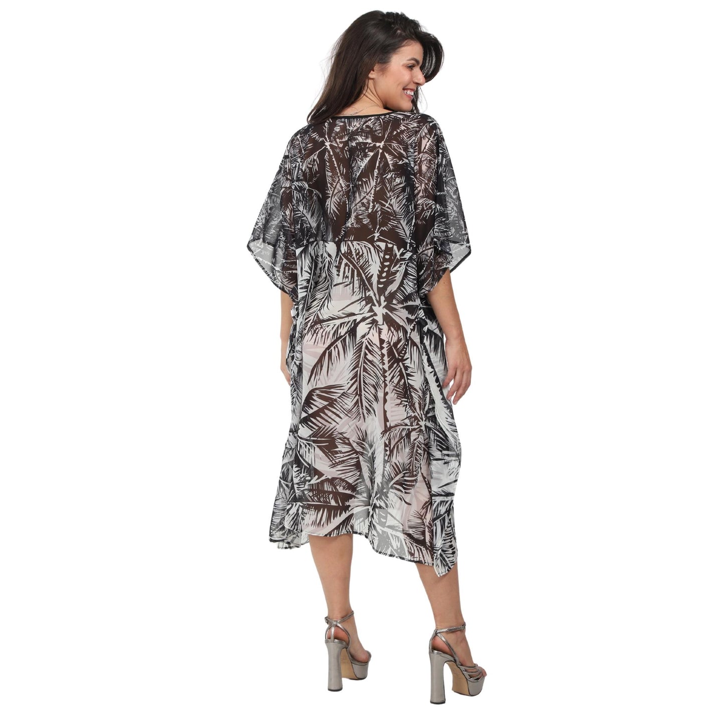 KAFTAN vestido curta Bixugrillo estampada Coqueiros preto e branco