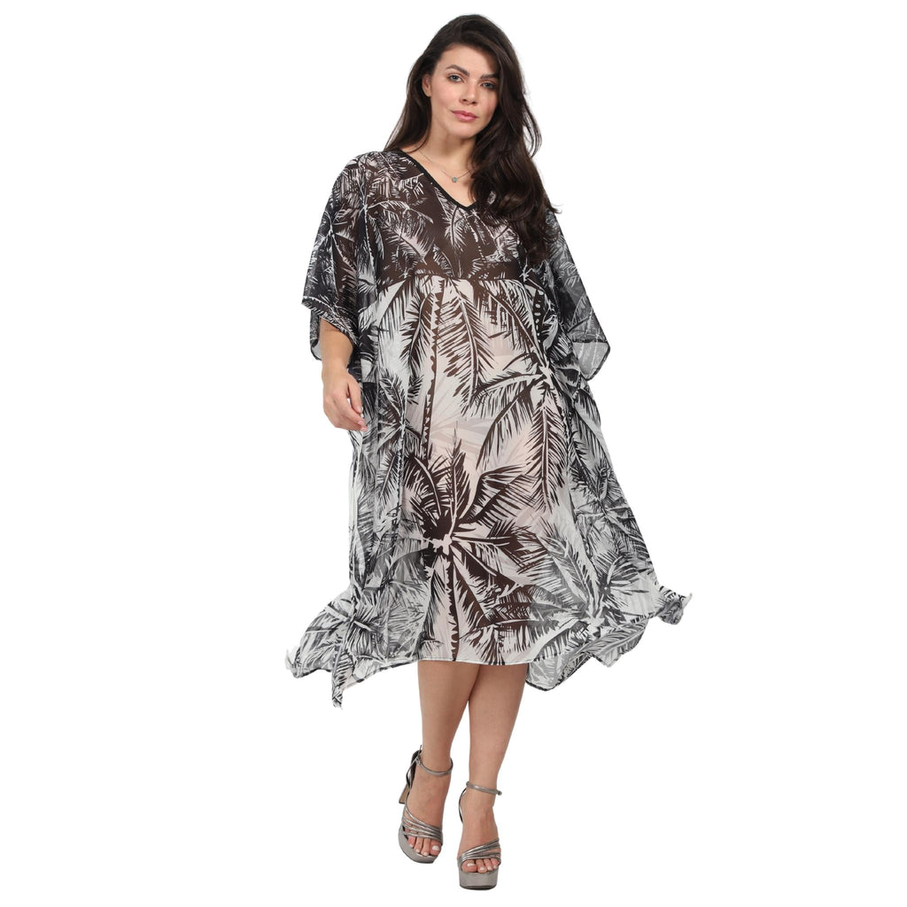 KAFTAN vestido curta Bixugrillo estampada Coqueiros preto e branco