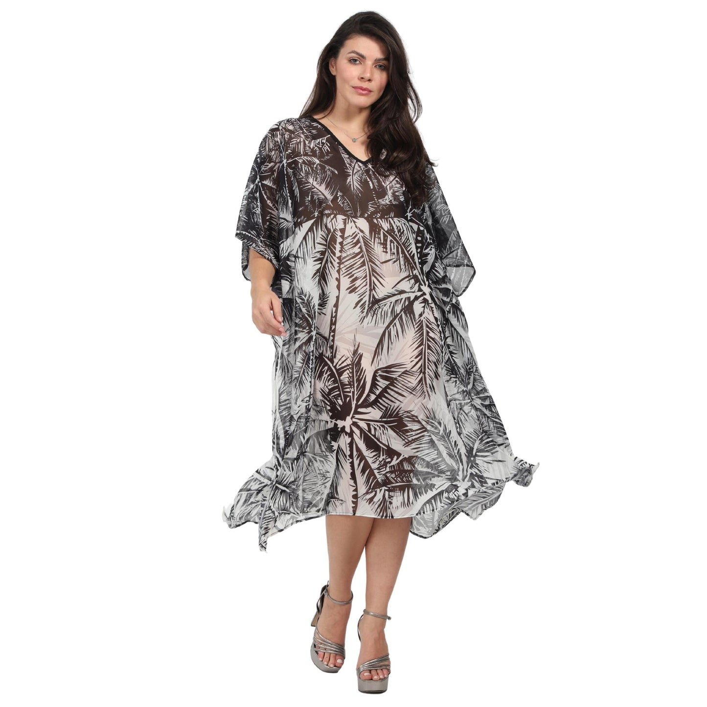 KAFTAN vestido curta Bixugrillo estampada Coqueiros preto e branco