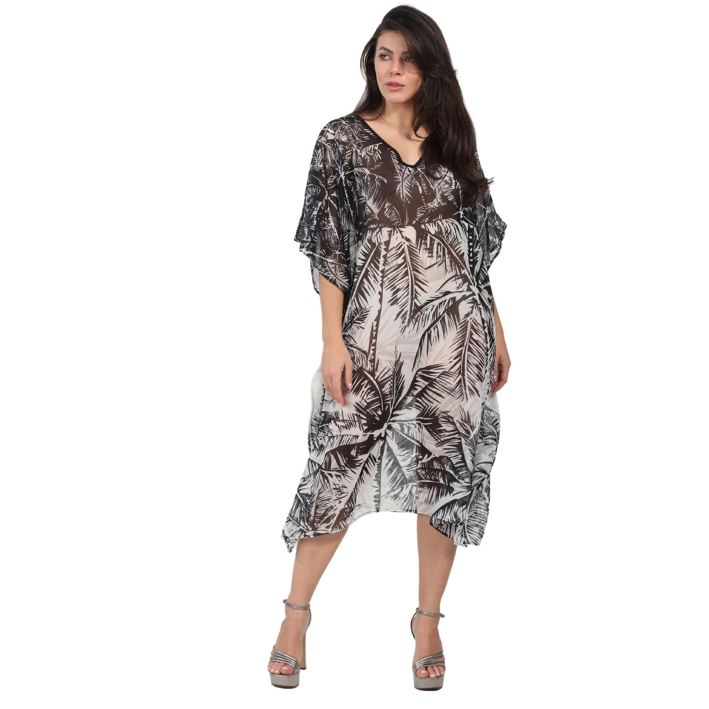 KAFTAN vestido curta Bixugrillo estampada Coqueiros preto e branco