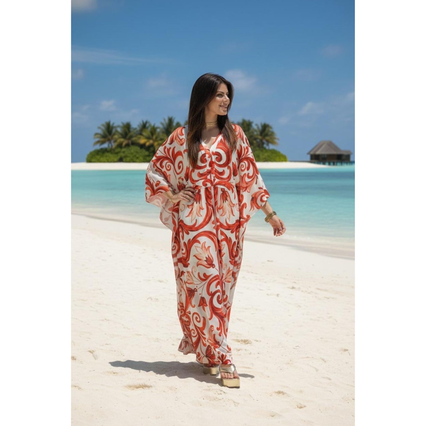 Vestido  kaftan Chifon toque de Seda de  Bixugrillo estampado Moldura Laranja