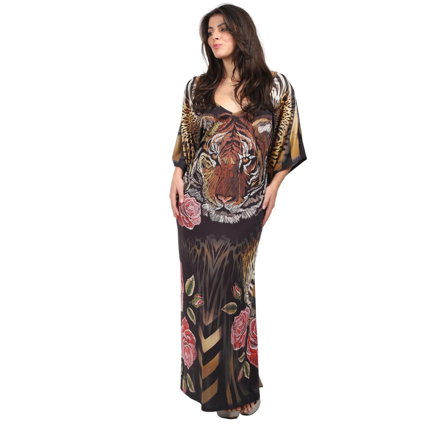 Kaftan vestido longo malha Bixugrillo estampa Tigre
