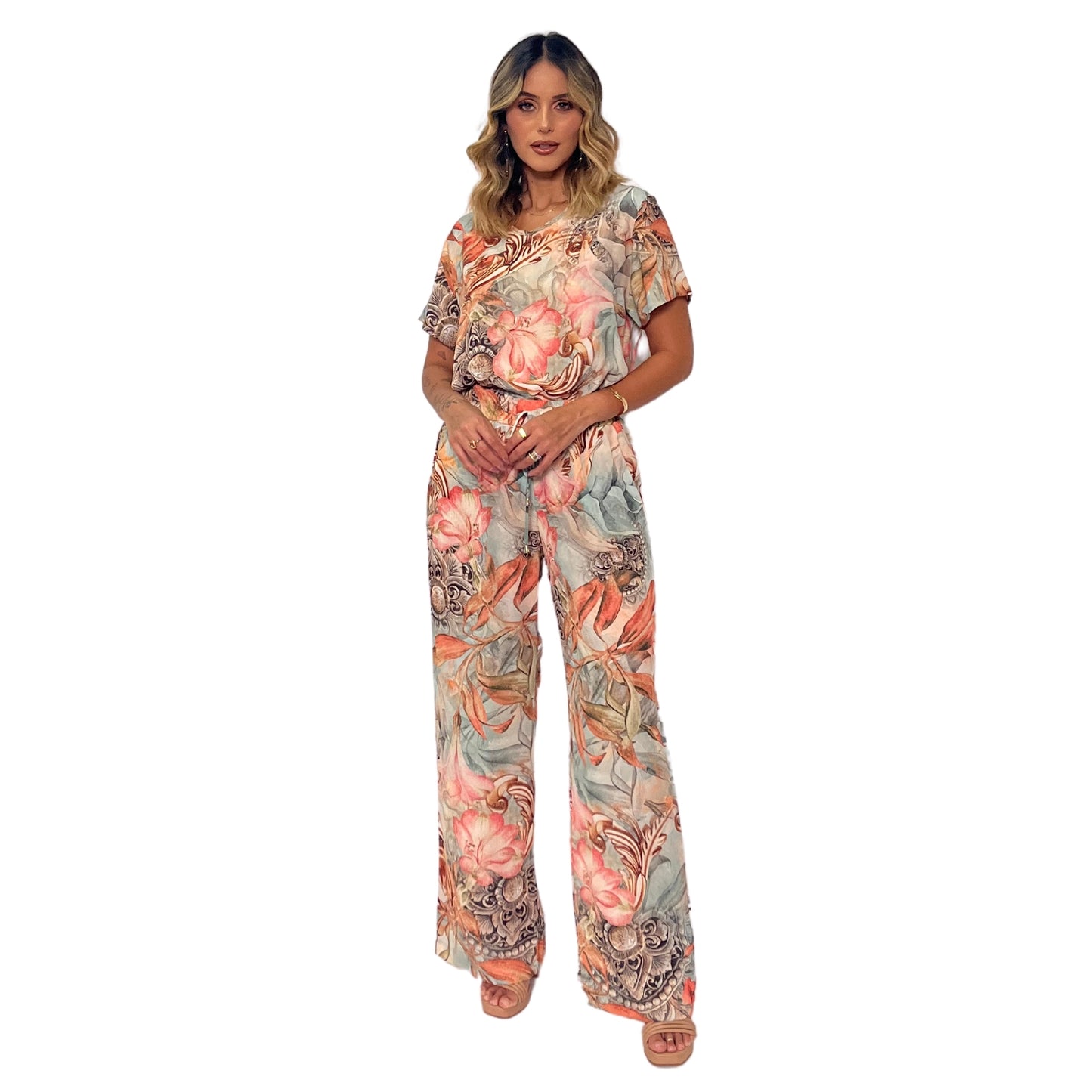 Conjunto Blusa decote "V" e calça pantalona Trancoso