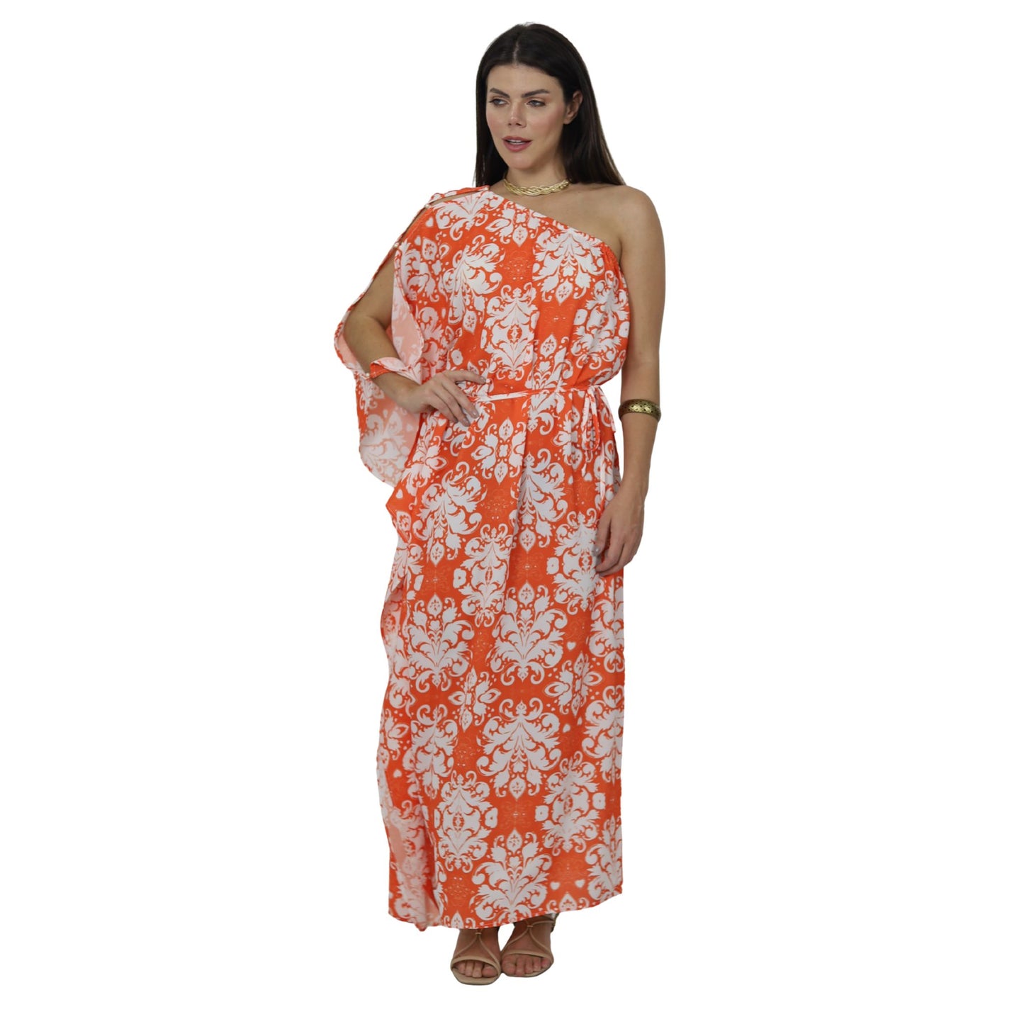 Vestido  Kaftan longo Nula manga Bixugrillo estampado Barrado Laranja