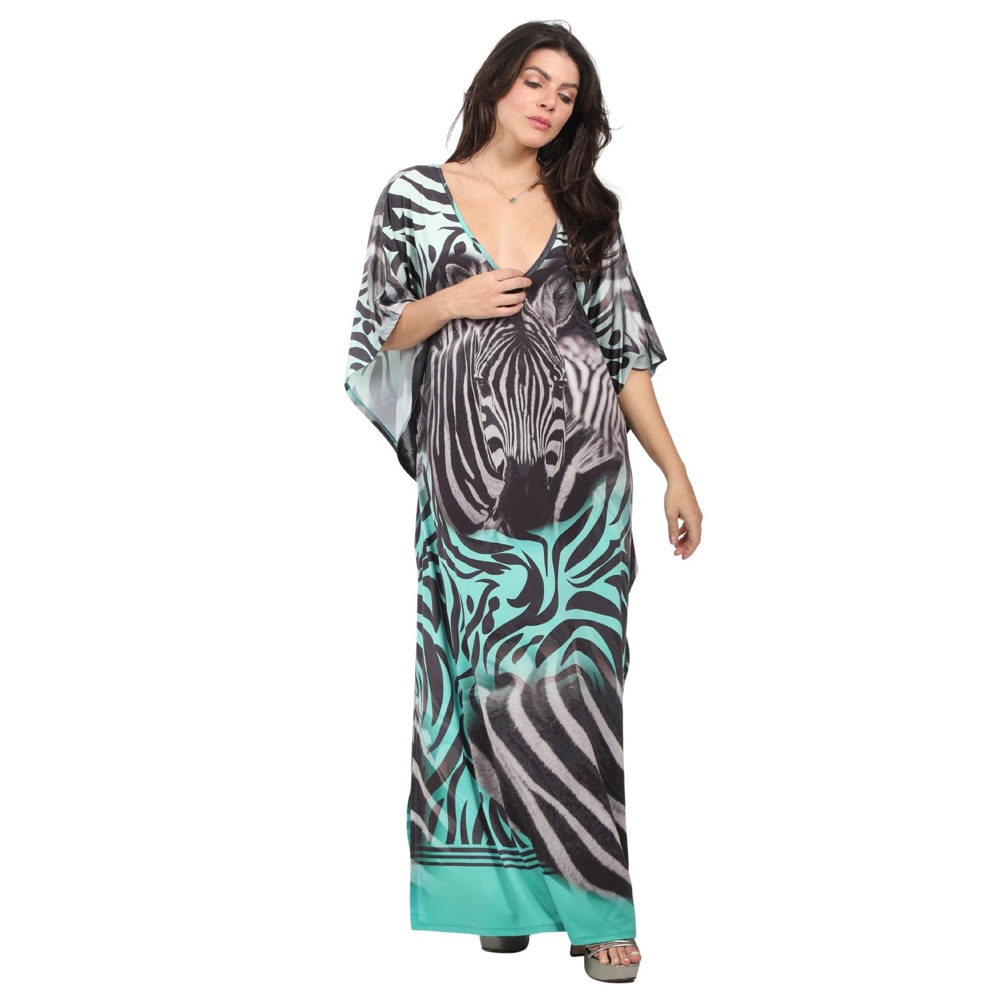 Kaftan vestido longo malha Bixugrillo estampa Zebra green