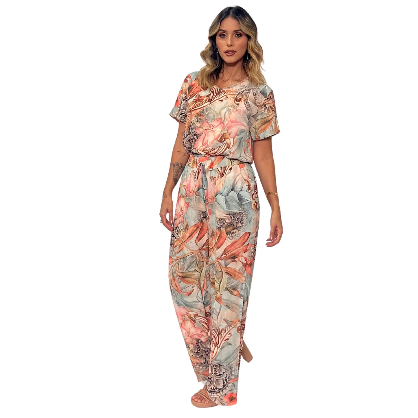 Conjunto Blusa decote "V" e calça pantalona Trancoso