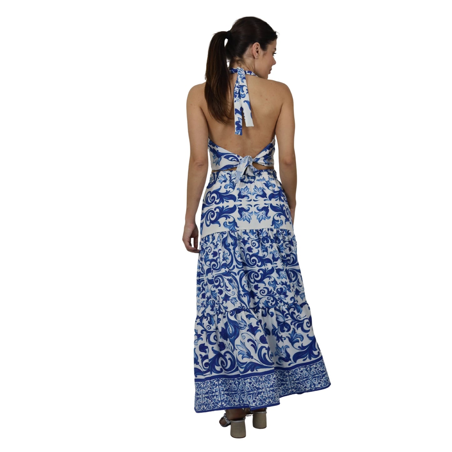 Conjunto top frente única e Saia Midi  Bixugrillo estampado Arabescos Azuis