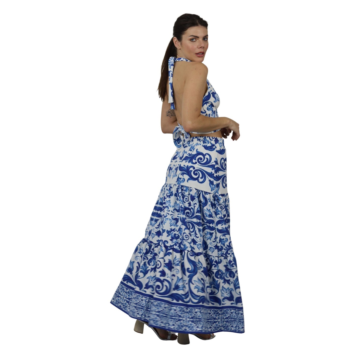 Conjunto top frente única e Saia Midi  Bixugrillo estampado Arabescos Azuis