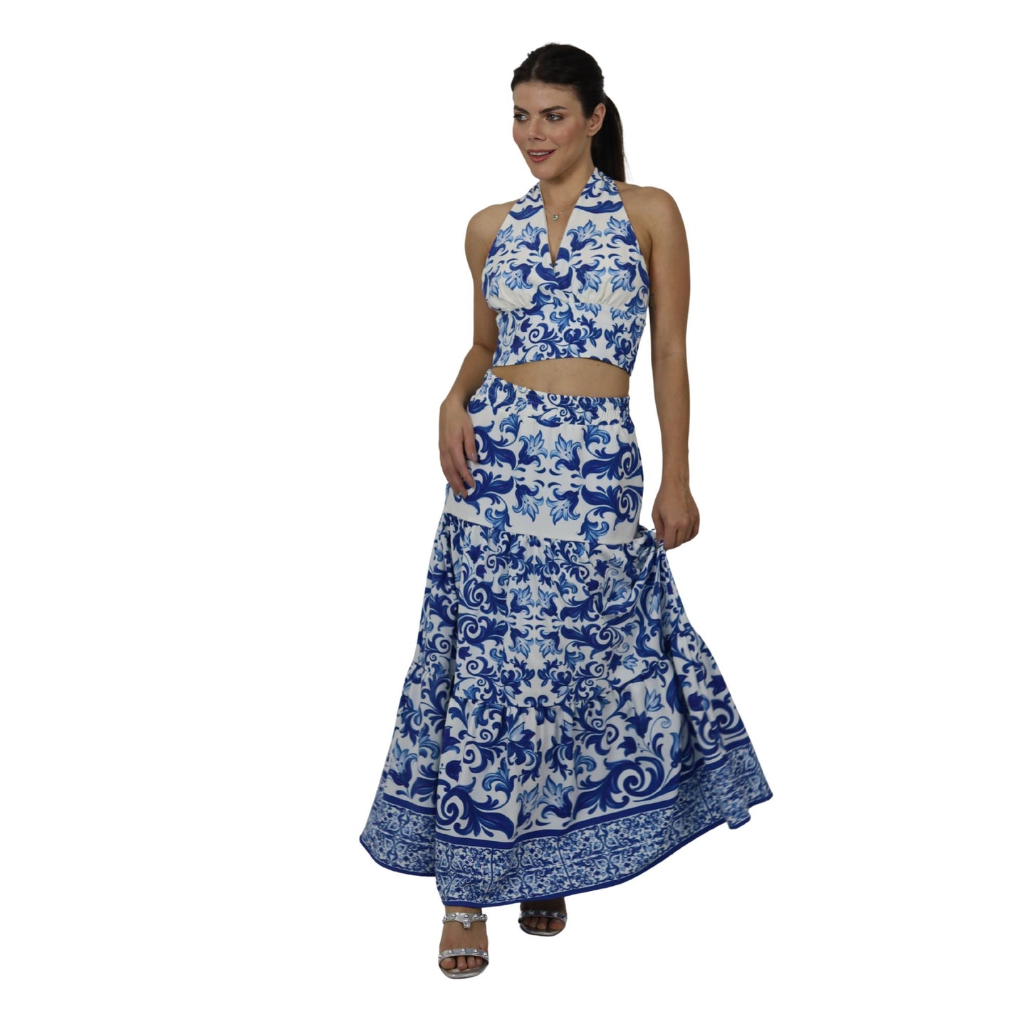 Conjunto top frente única e Saia Midi  Bixugrillo estampado Arabescos Azuis