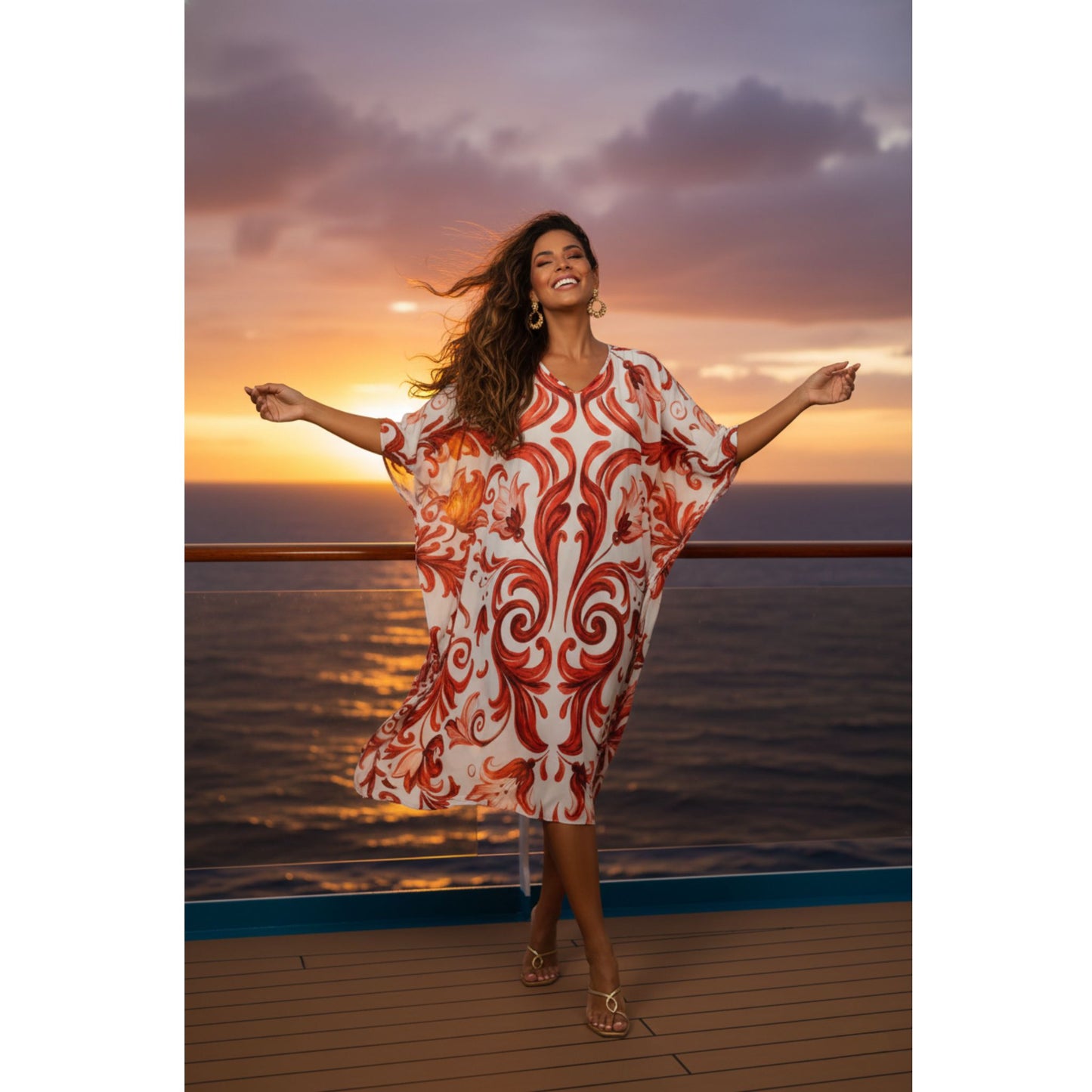 Kaftan Curta estampada Bixugrillo Moldura Laranja