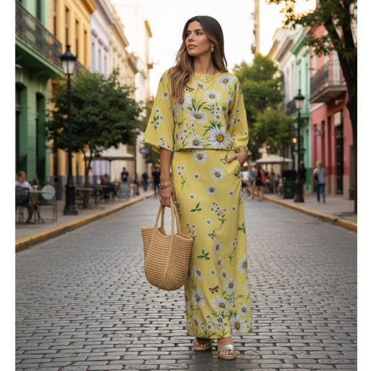 Conjunto Blusa e saia BIXUGRILLO estampada Margaridas Amarelo