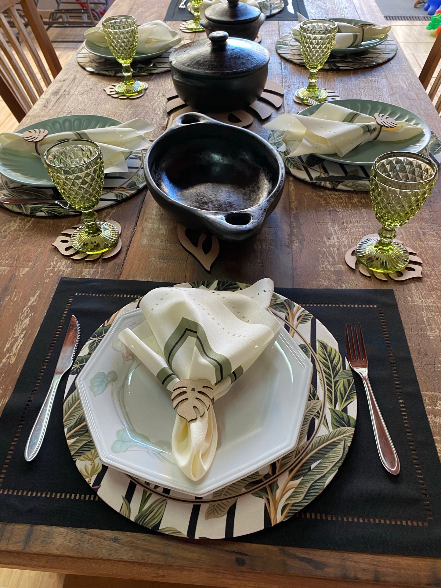 kit de 39 pçs  p/ 6 lugares lugares mesa posta estampa Folhagens com corte a laser