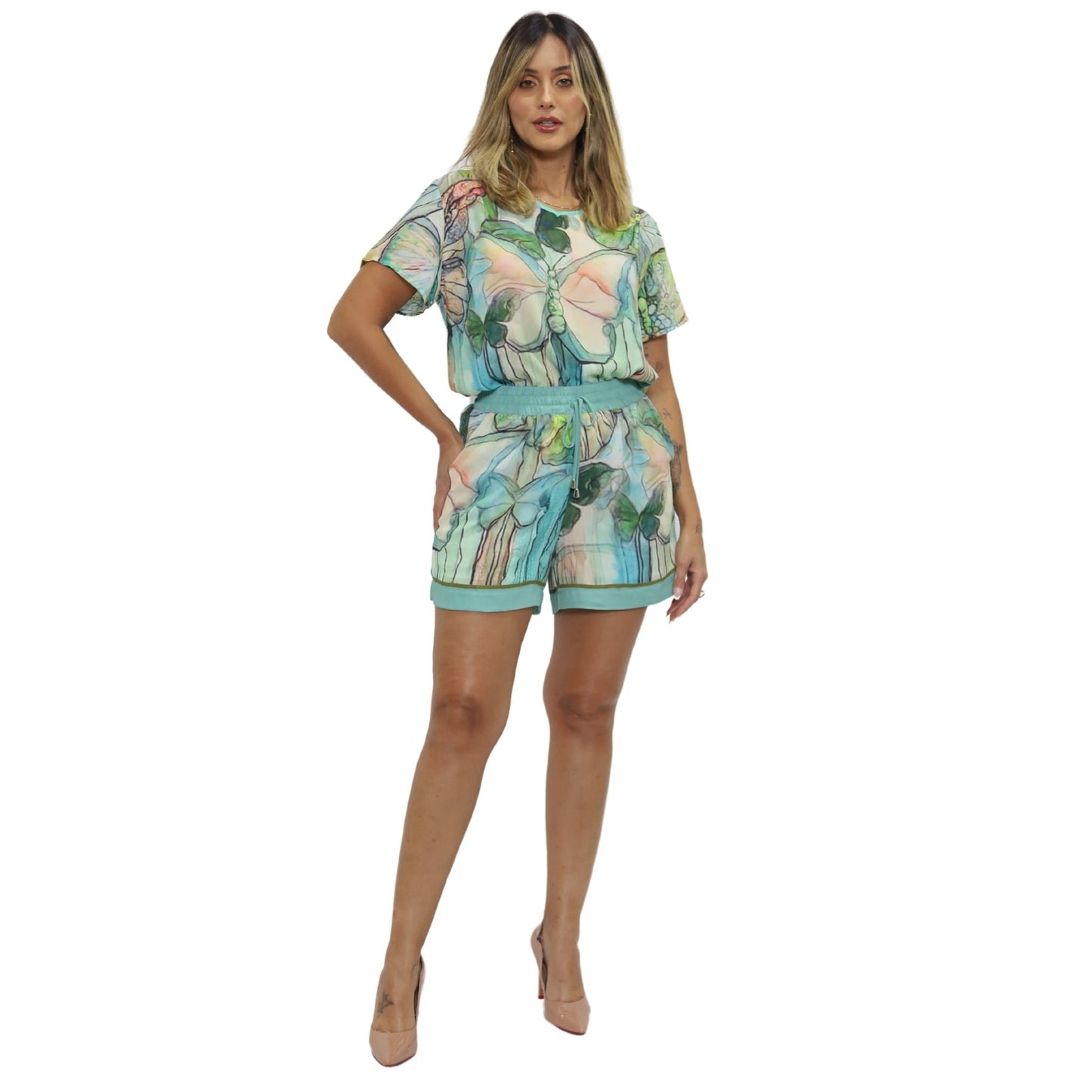 Conjunto de Blusa e Short BIXUGRILLO estampado Verde Aquarela