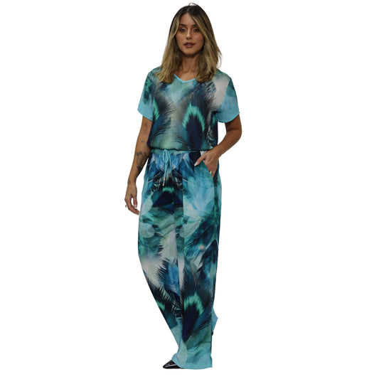 Conjunto Blusa e Pantalona BIXUGRILLO estampada Penas Azuis