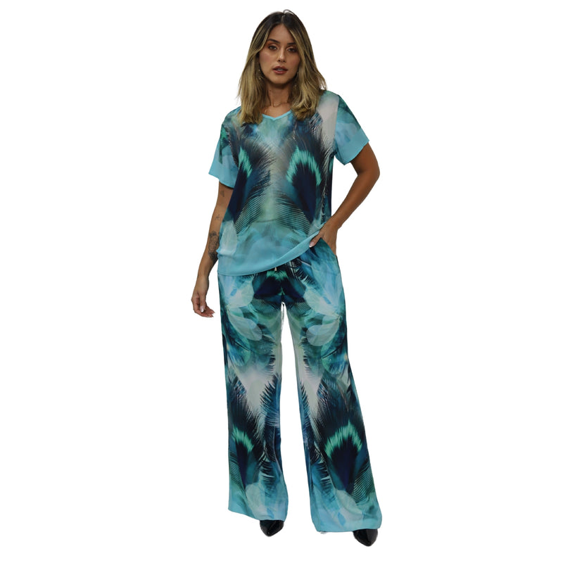 Conjunto Blusa e Pantalona BIXUGRILLO estampada Penas Azuis