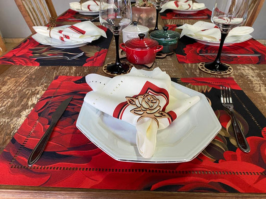 kit de 38 pçs  p/ 6 lugares lugares mesa posta estampa Rosas Vermelhas com corte a laser