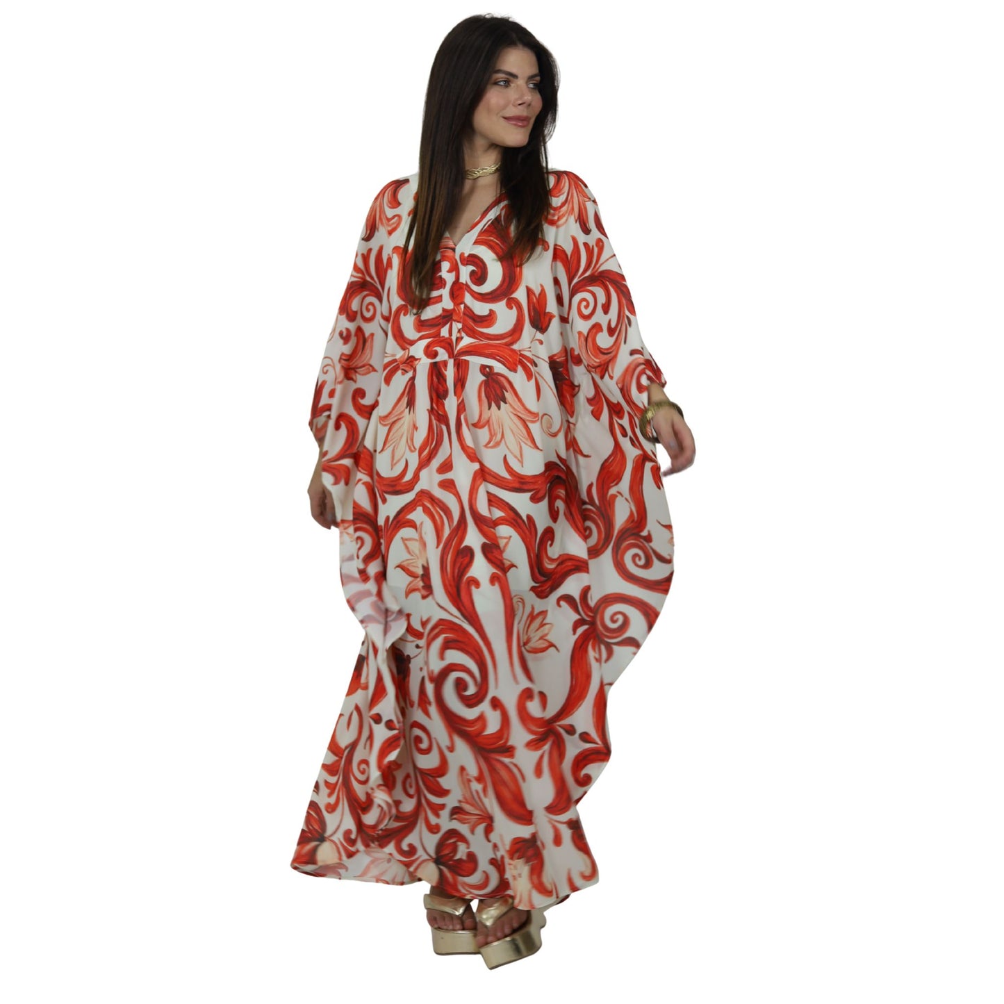 Vestido  kaftan Chifon toque de Seda de  Bixugrillo estampado Moldura Laranja