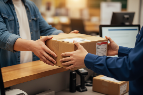 uma pessoa fazendo a devolução de uma caixa em uma agência de postal, a imagem deve ser em close up, mostrando o momento da devolução destacando a caixa