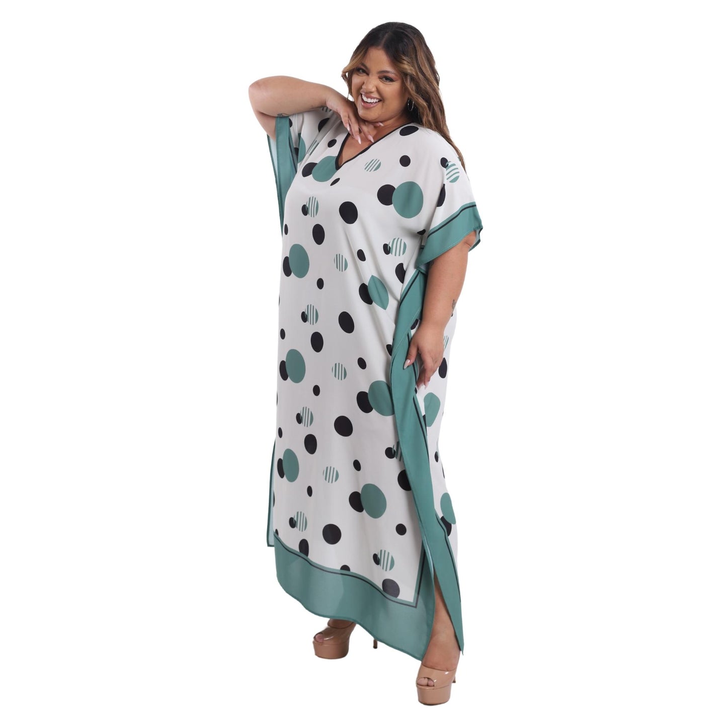 Kaftan Vestido Longo BIXUGRILLO estampada Poá Verde