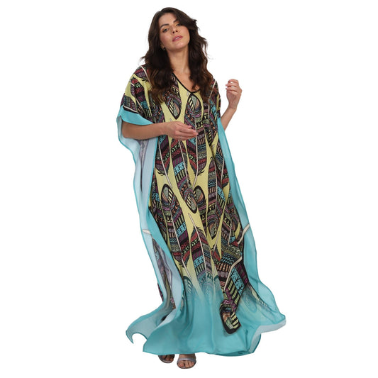 Kaftan Vestido Longo BIXUGRILLO estampada Penas Hippie