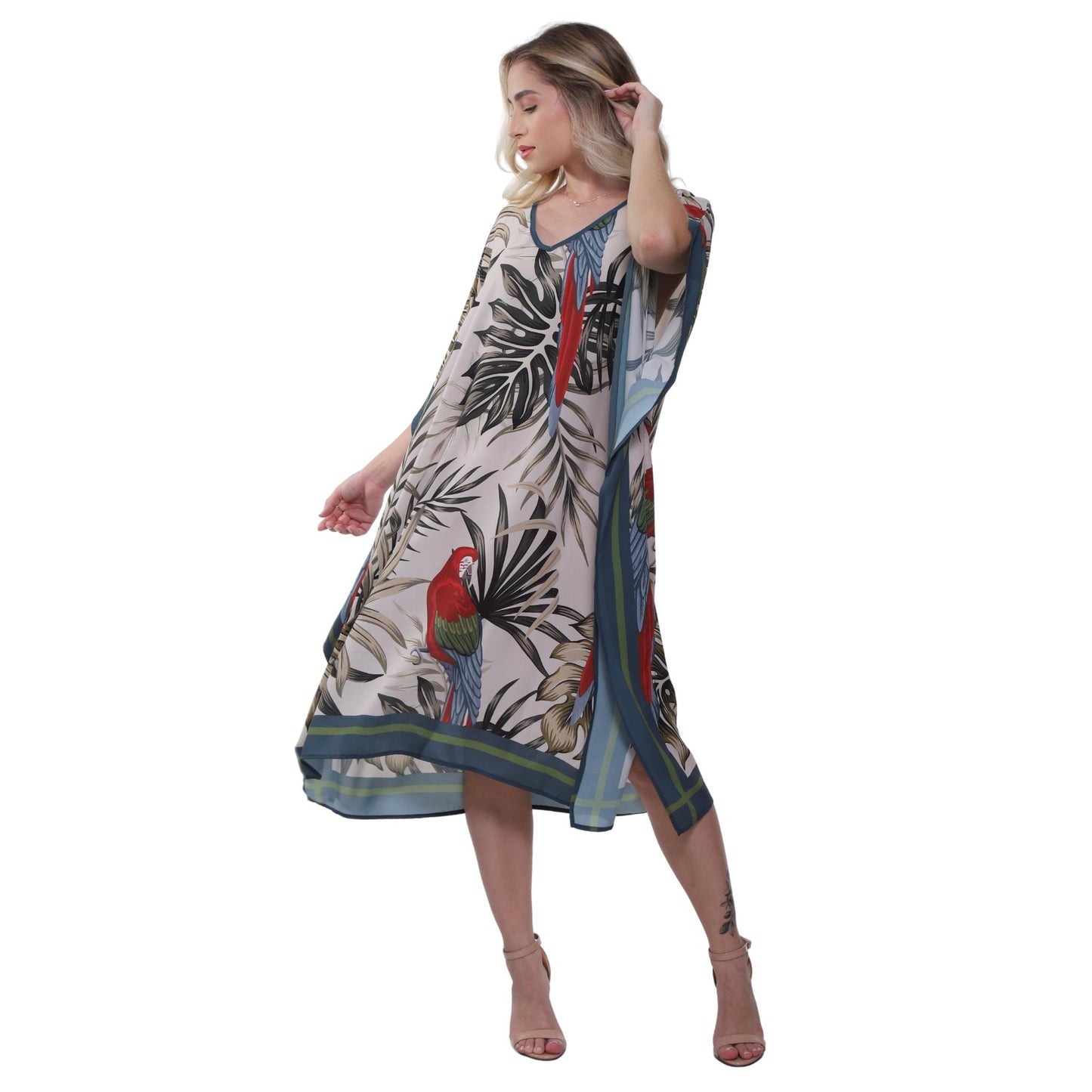 KAFTAN VESTIDO curto BIXUGRILLO estampada Araras Vermelhas