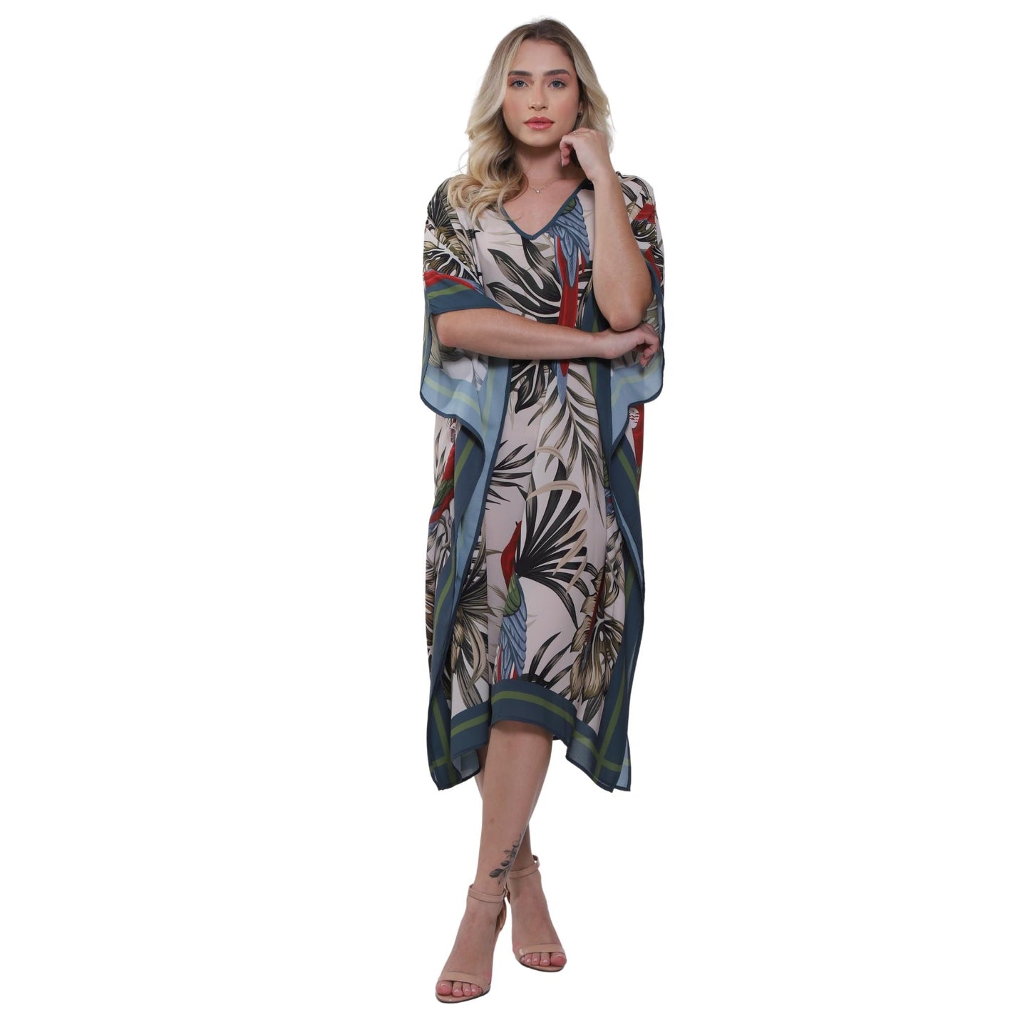 KAFTAN VESTIDO curto BIXUGRILLO estampada Araras Vermelhas