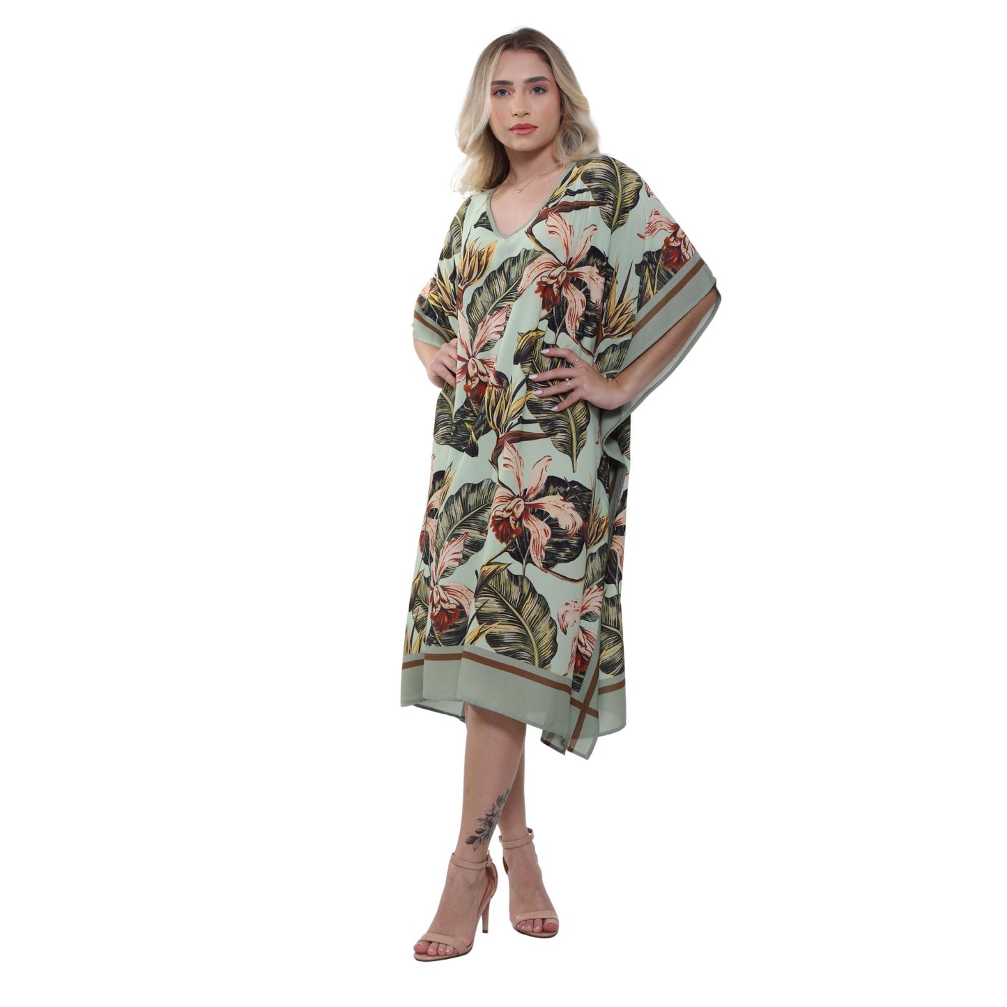 KAFTAN VESTIDO curto Bixugrillo estampa Hibisco Verde