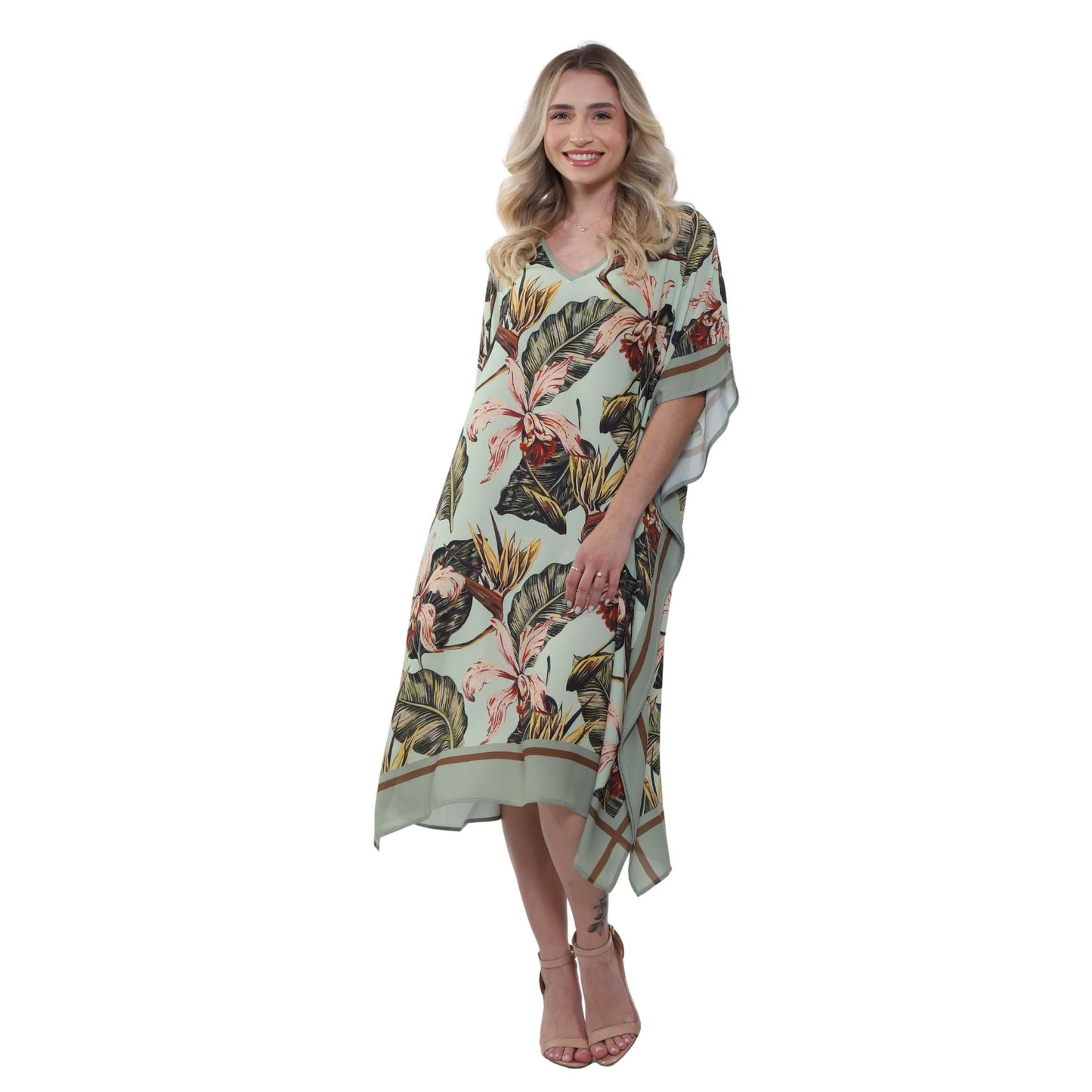 KAFTAN VESTIDO curto Bixugrillo estampa Hibisco Verde