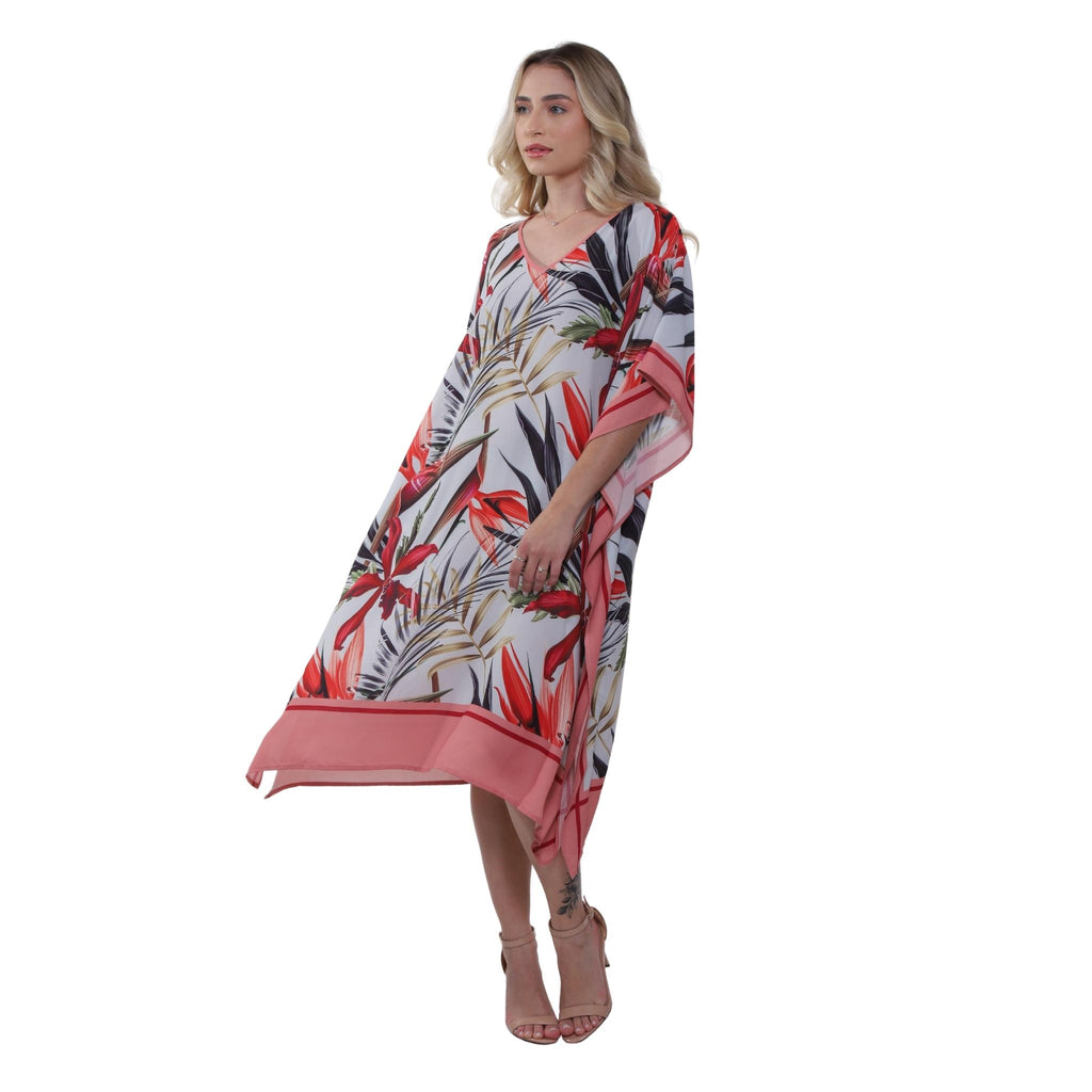 KAFTAN VESTIDO curto Bixugrillo estampa Hibisco Vermelho