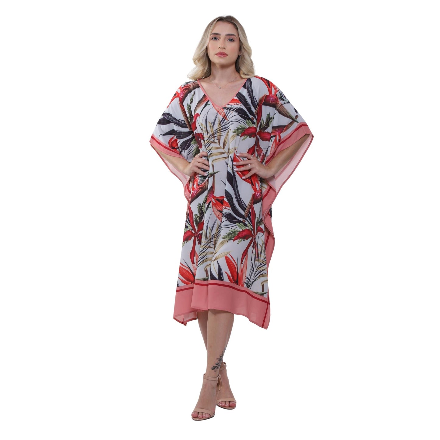 KAFTAN VESTIDO curto Bixugrillo estampa Hibisco Vermelho