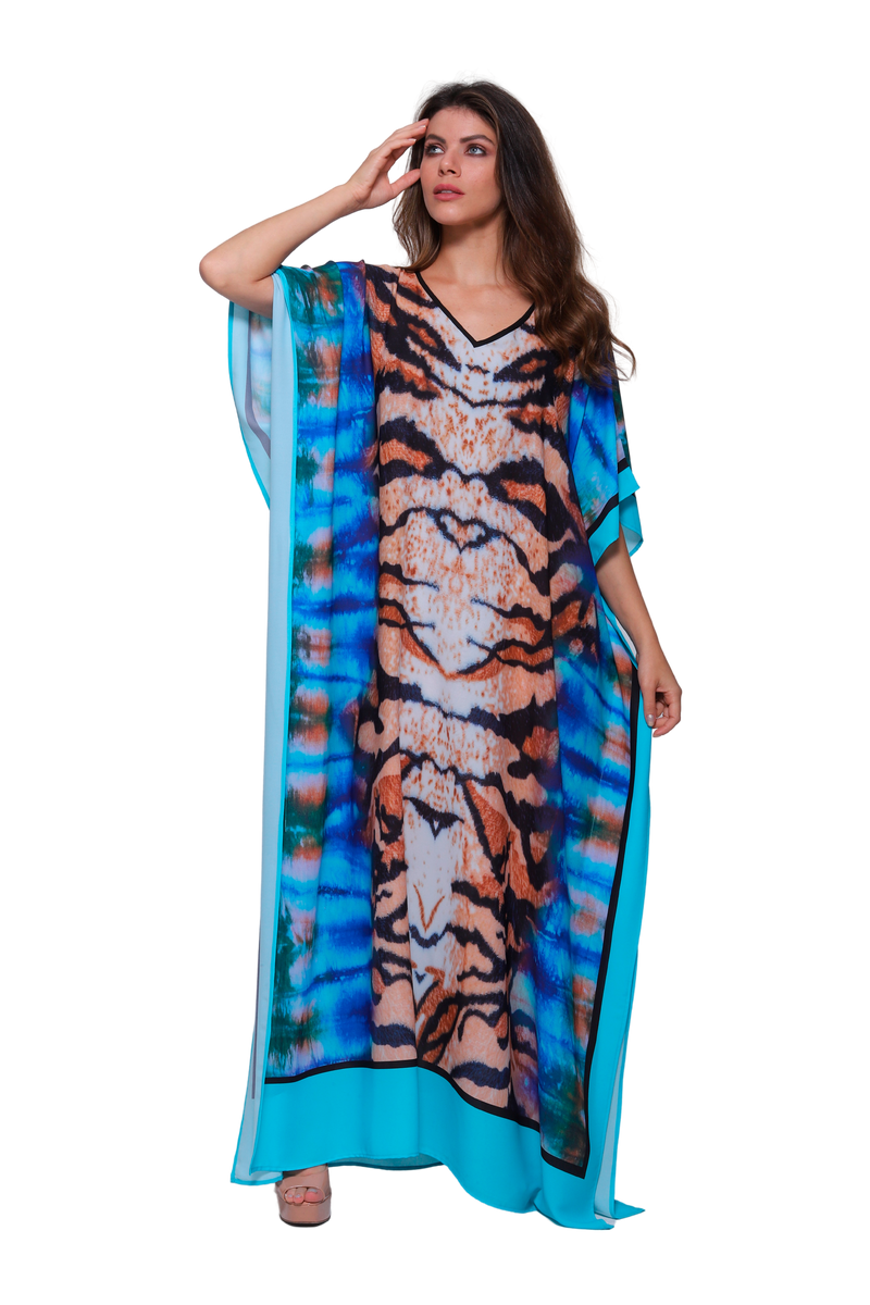 Kaftan vestido Longo Bixugrillo estampado Tigre azul