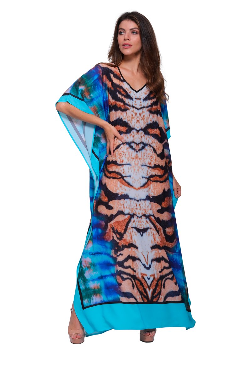Kaftan vestido Longo Bixugrillo estampado Tigre azul