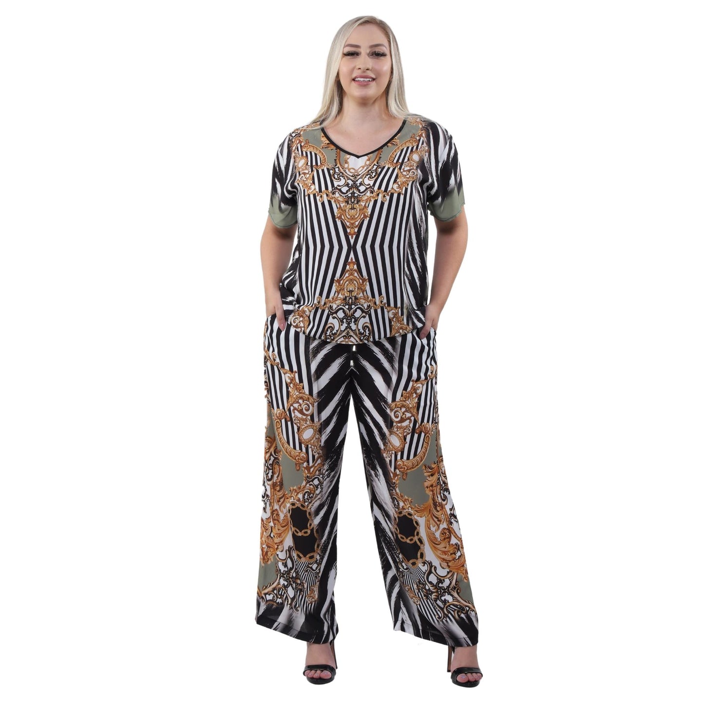 Conjunto Blusa decote "V" e calça pantalona Catedral