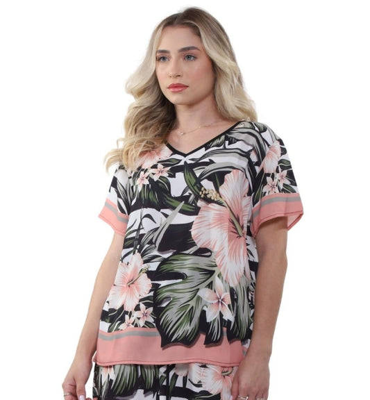 Blusa decote "V" manga curta  Hibiscus Rosa