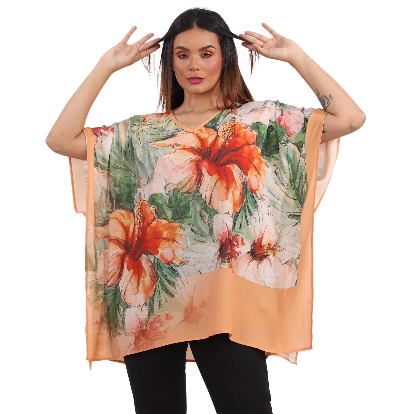 Blusa Kaftan BIXUGRILLO estampada Hibisco Orange