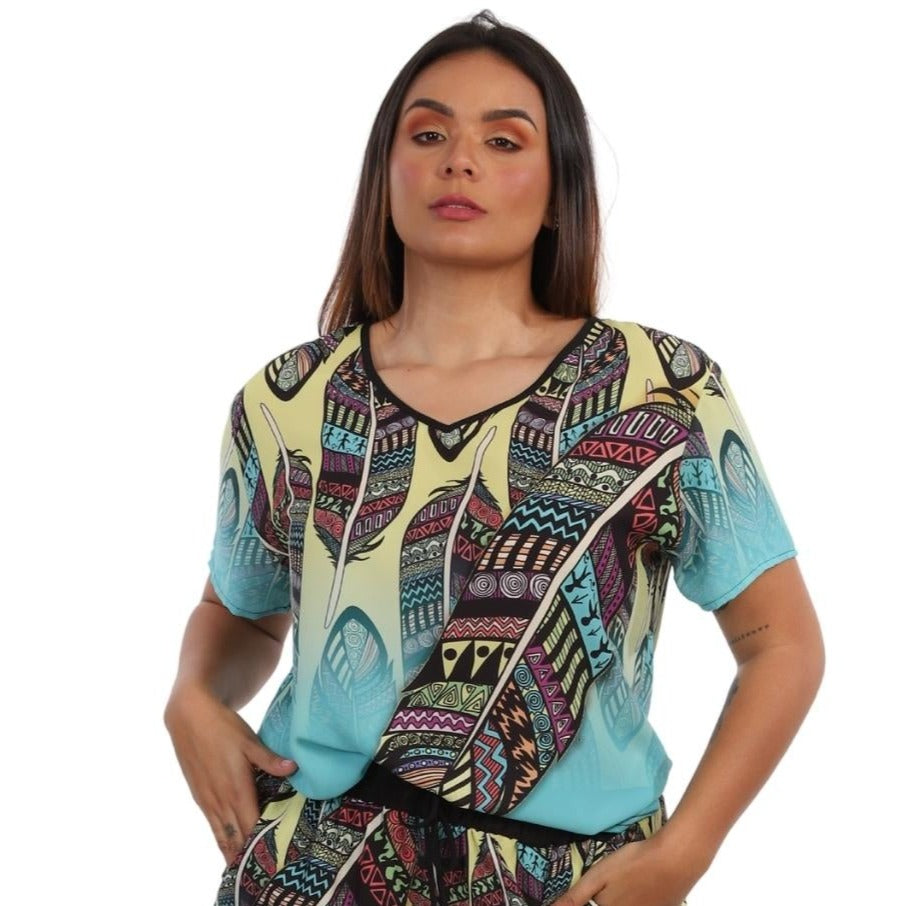 Blusa GOLA "V" BIXUGRILLO estampada Penas Hippie