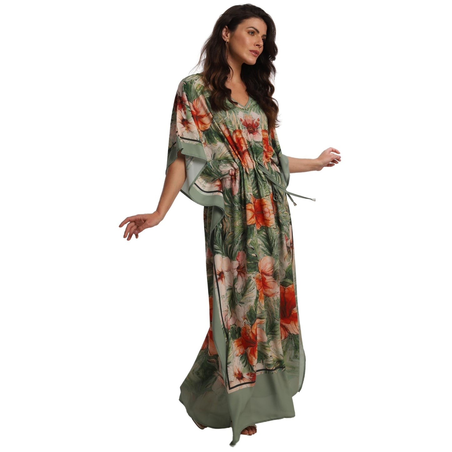 KAFTAN VESTIDO longo BIXUGRILLO com cintura ajustável estampada Hibisco Verde