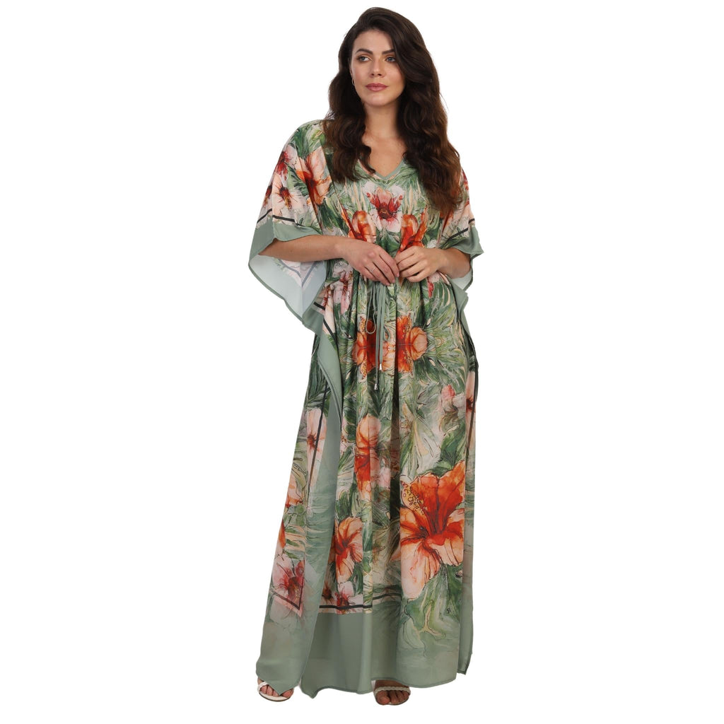 KAFTAN VESTIDO longo BIXUGRILLO com cintura ajustável estampada Hibisco Verde