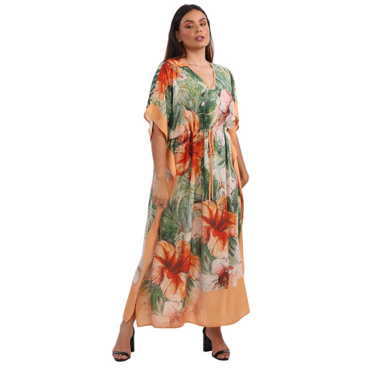 KAFTAN VESTIDO longo BIXUGRILLO com cintura ajustável estampada Hibisco Orange