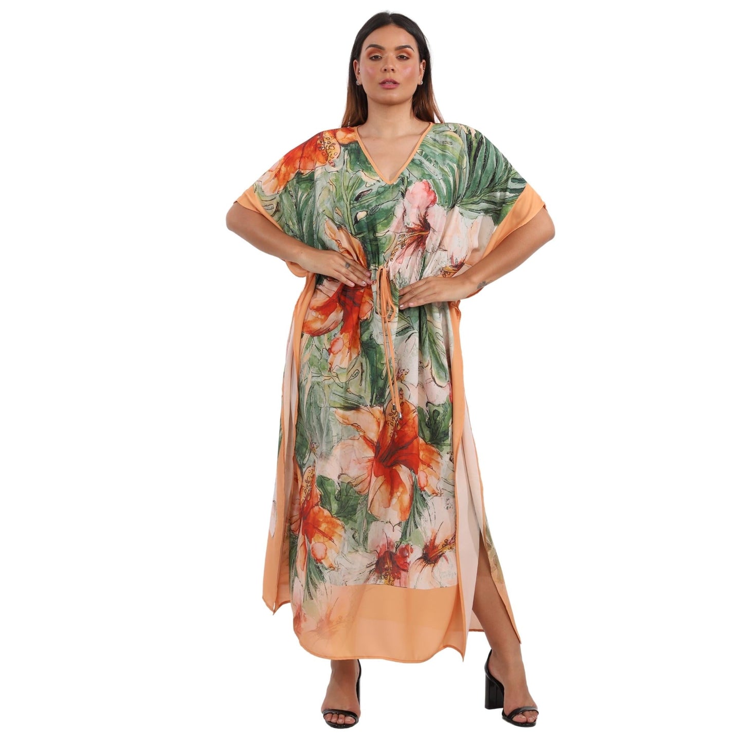 KAFTAN VESTIDO longo BIXUGRILLO com cintura ajustável estampada Hibisco Orange