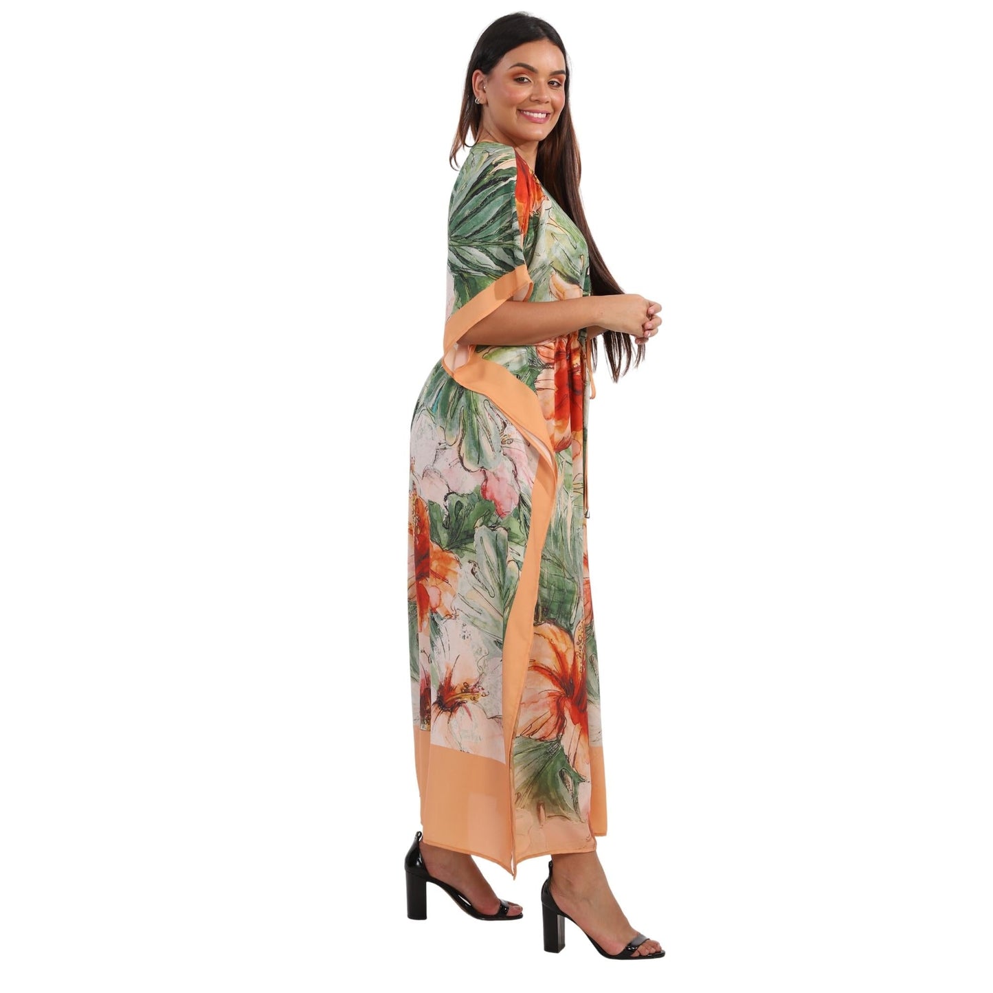 KAFTAN VESTIDO longo BIXUGRILLO com cintura ajustável estampada Hibisco Orange