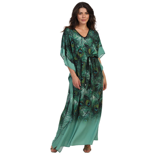 KAFTAN VESTIDO longo BIXUGRILLO com cintura ajustável estampada Pavão
