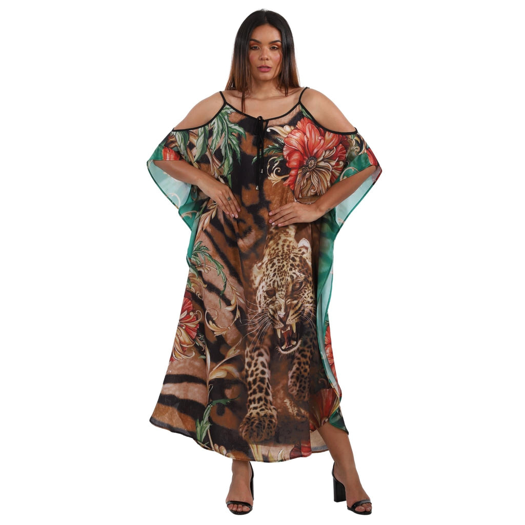 KAFTAN VESTIDO Longo de alça, ombro aberto Bixugrillo estampado Selva